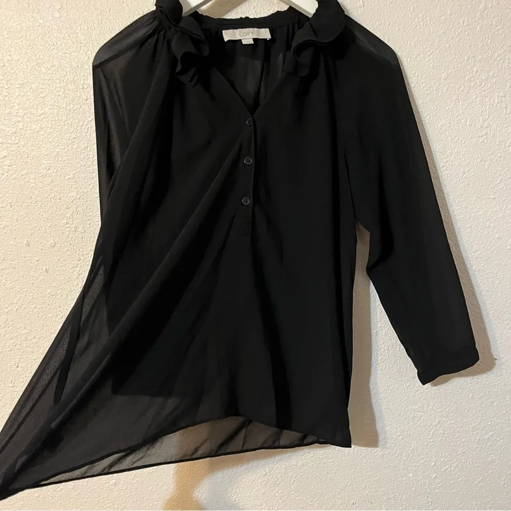 LOFT Ruffle High Neck 3/4 Sleeve Top Size M Button Down Black Sheer‎ - Image 3
