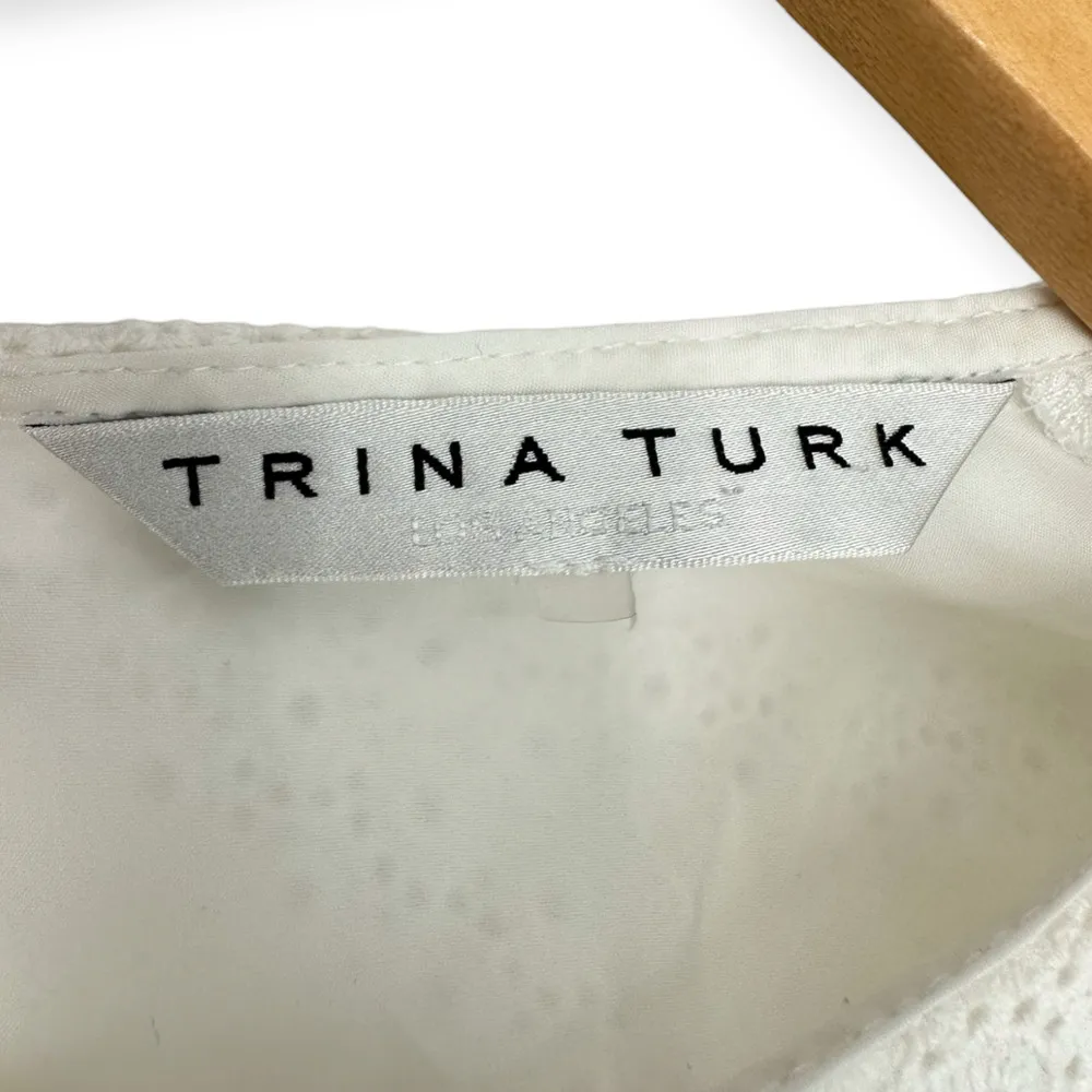 Trina Turk | White Circle Eyelet Short Ruffle Sleeve Back Zip Midi Shift Dress - Image 7