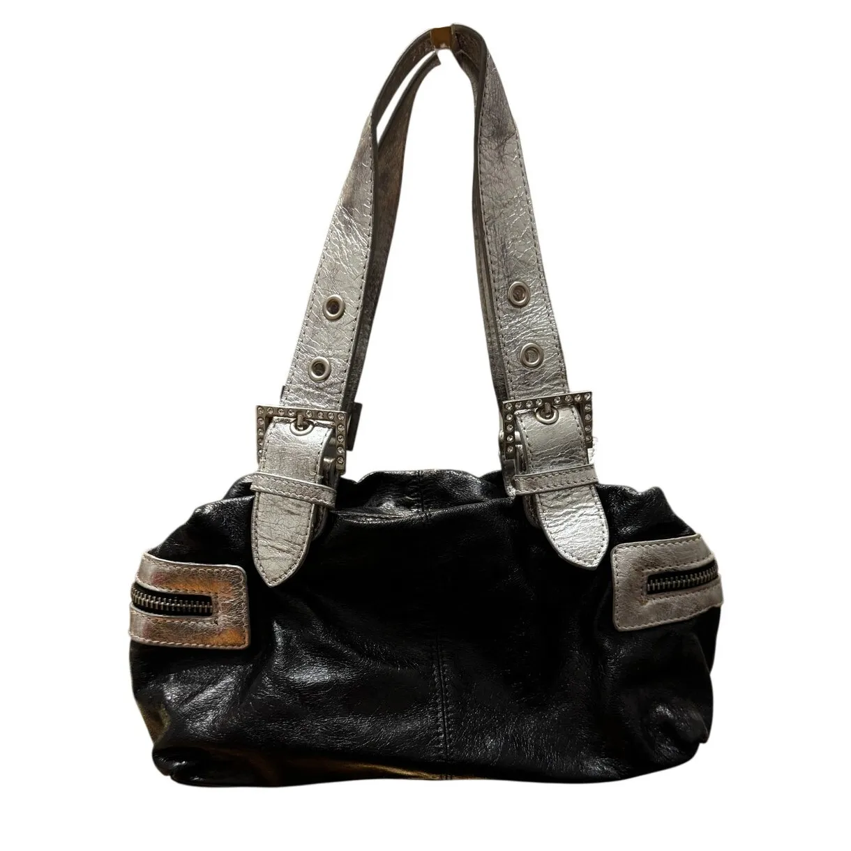 Sabina New York Y2K Black Leather Shoulder Bag Silver Trim Studded Buckle - Image 2