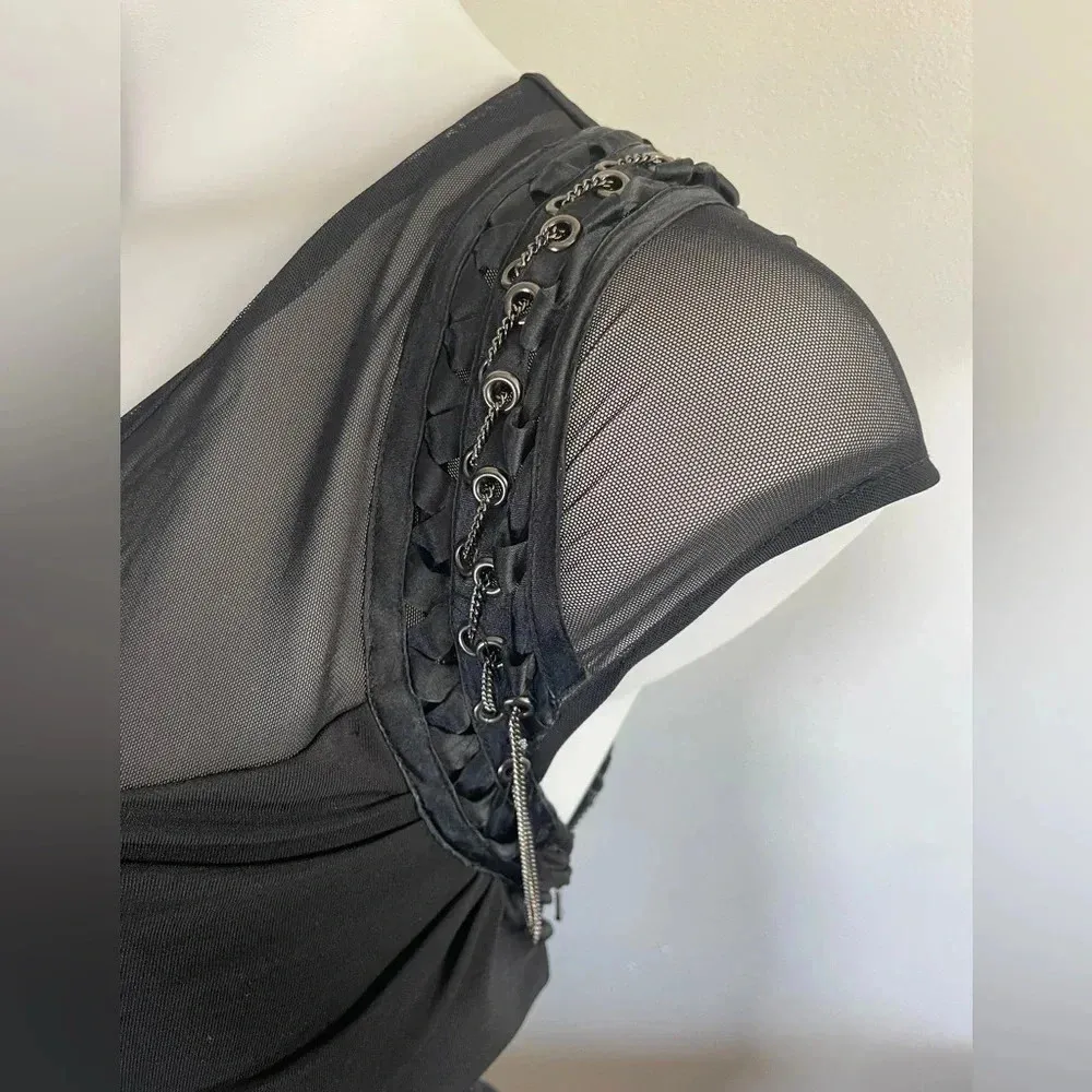 Bebe One Shoulder Black Mini Dress Bodycon Chain Cocktail Little Black Dress 046 - Image 2