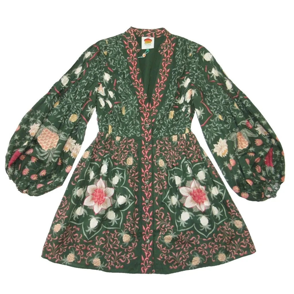 NWT Farm Rio Pineapple Garden in Green Long Puff Sleeve Mini Shirt Dress XS - Image 2