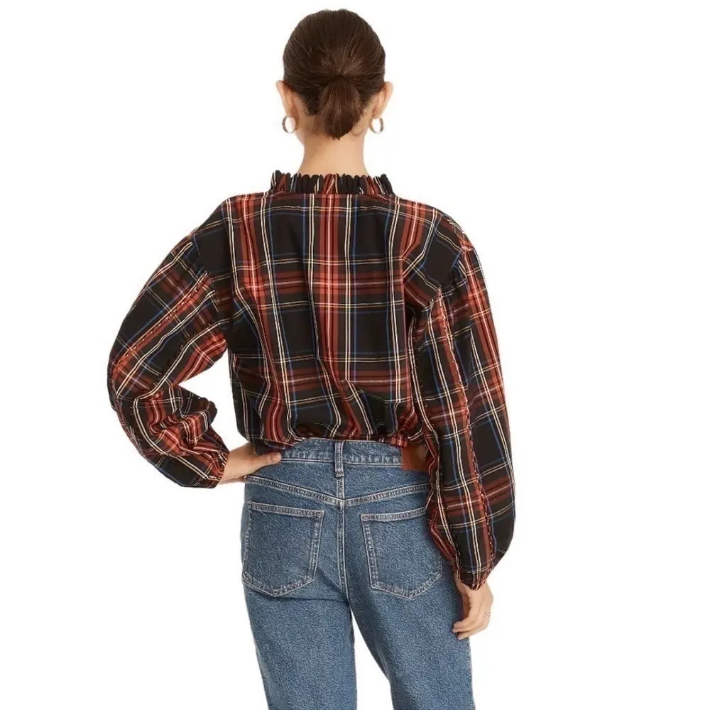 NEW J.Crew Scalloped Tie Neck Stewart Tartan Plaid Poplin Shirt - Image 3