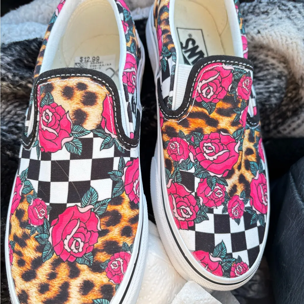 Vans Classic Slip -ON Rose /Animal checkerboard skate Shoes - Image 7