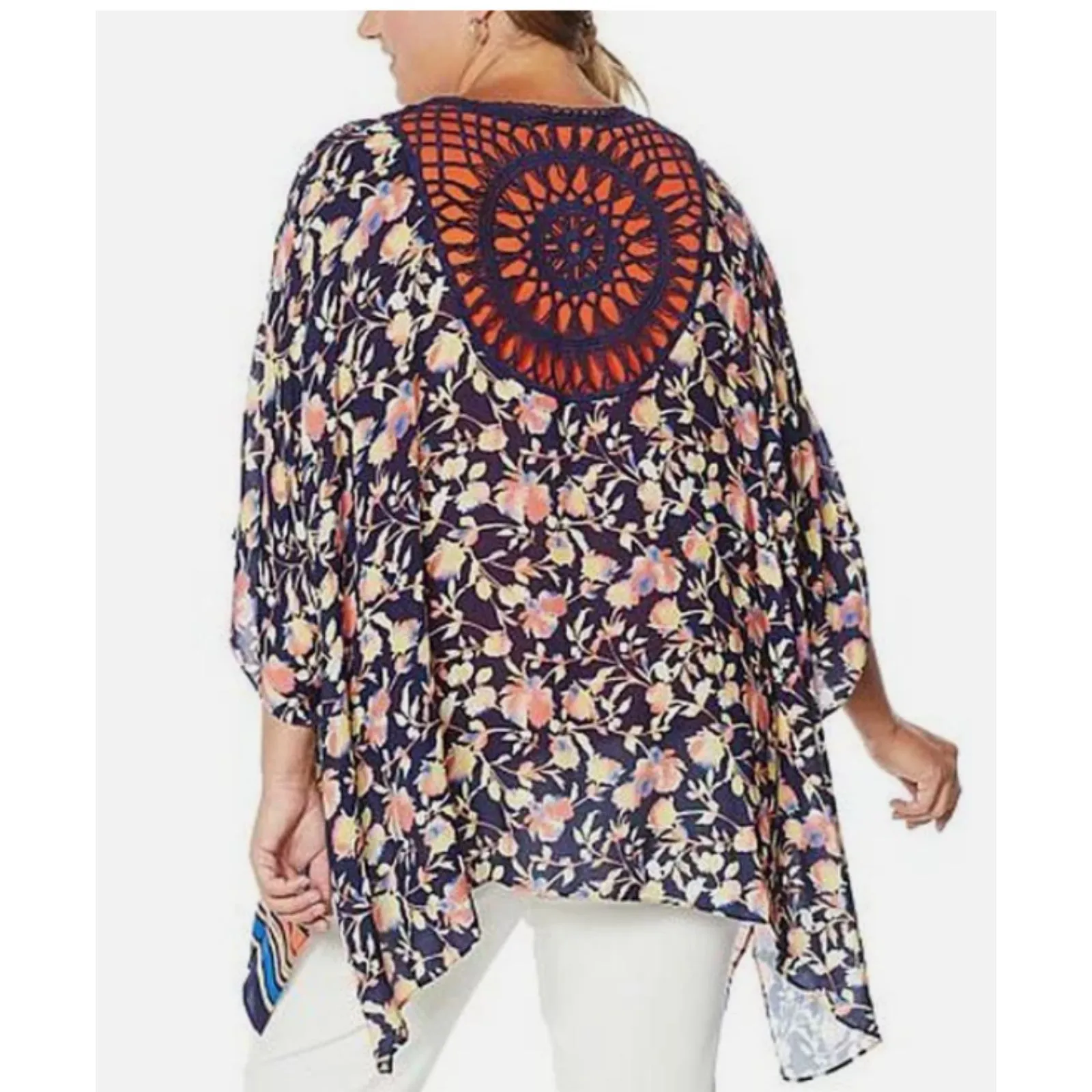 Colleen Lopez Navy Blue Kimono Topper Cover Up Crochet Inset Detail Sz XL/1X - Image 8