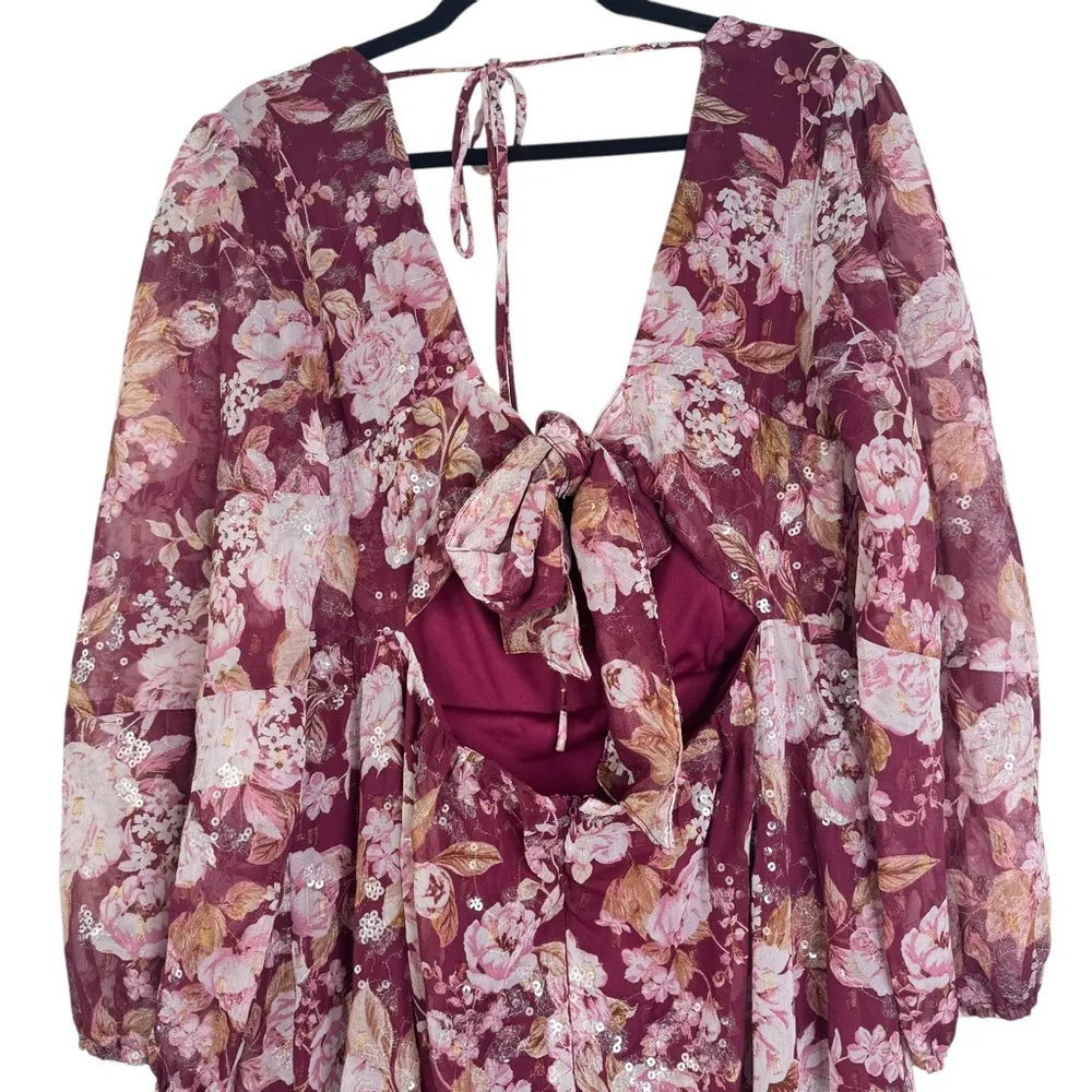 NWT ARULA Altar’D State Pink Floral Maxi Dress Long Sleeve Open Back Sequin XL X Red - Image 7