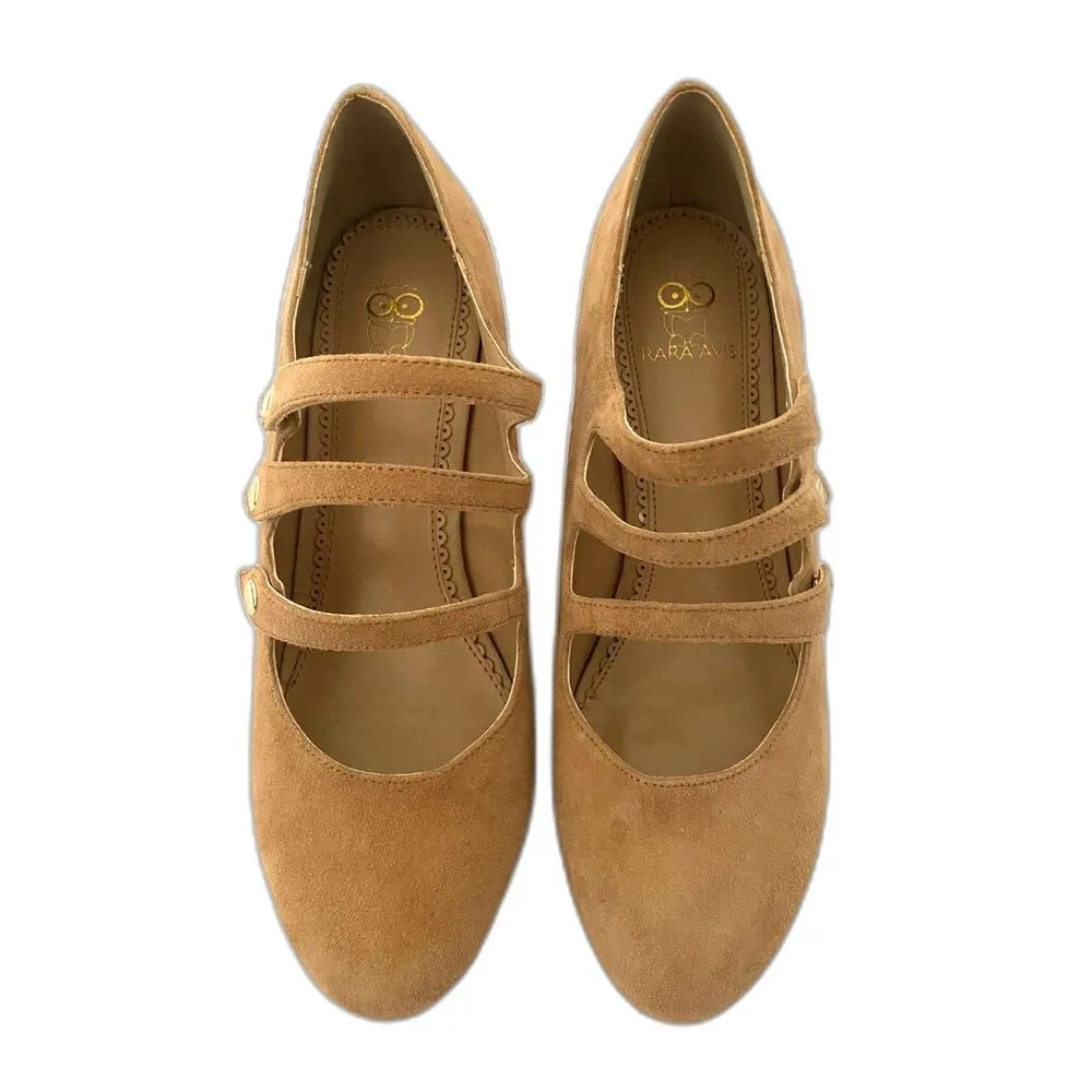 Anthropologie Rara Avis Suede Tan Heel Rockabilly Strappy Twee Mary Janes 7W Brown Size 10 - Image 3