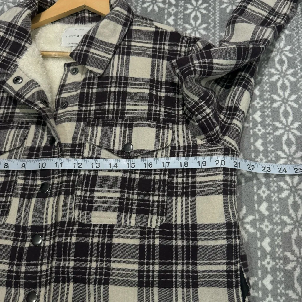 Lucky Brand Sherpa Fleece Flannel Shacket Brown & Tan Plaid‎ Women's Size Small - Image 10