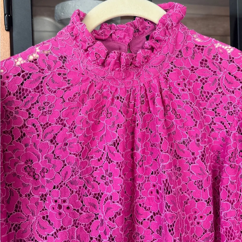 J. CREW lace long sleeve mini dress mock neck ruffle drop hem a-line bump pink - Image 4