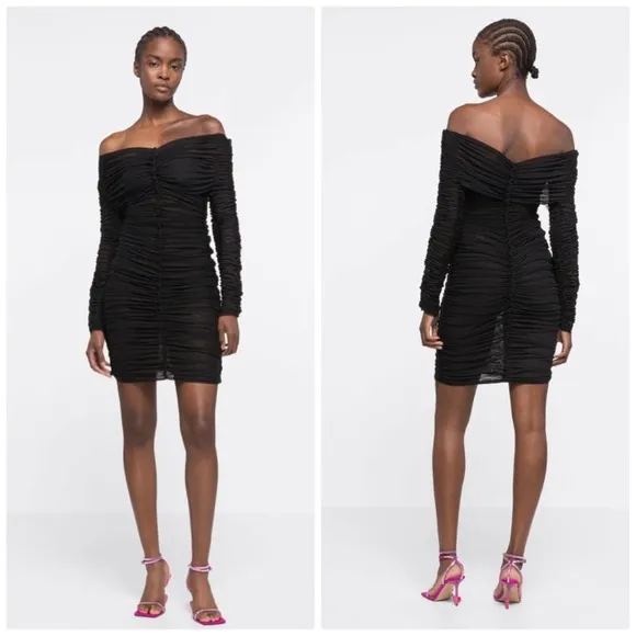 Az Factory with Ester Manas Long Sleeve Ruched Black Sheer Dress Sz FR 36 - Image 2