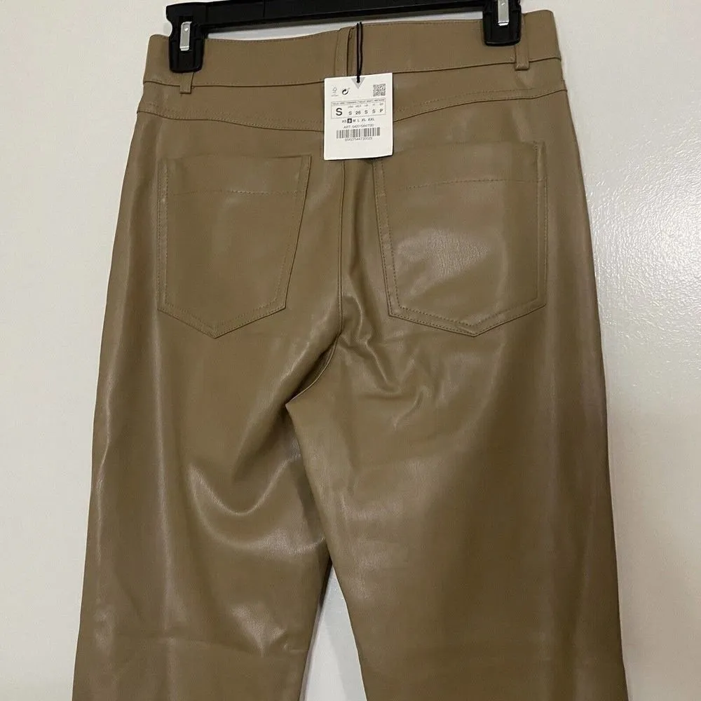 NEW! ZARA tan faux leather straight leg high rise ankle zip pants size SMALL - Image 4
