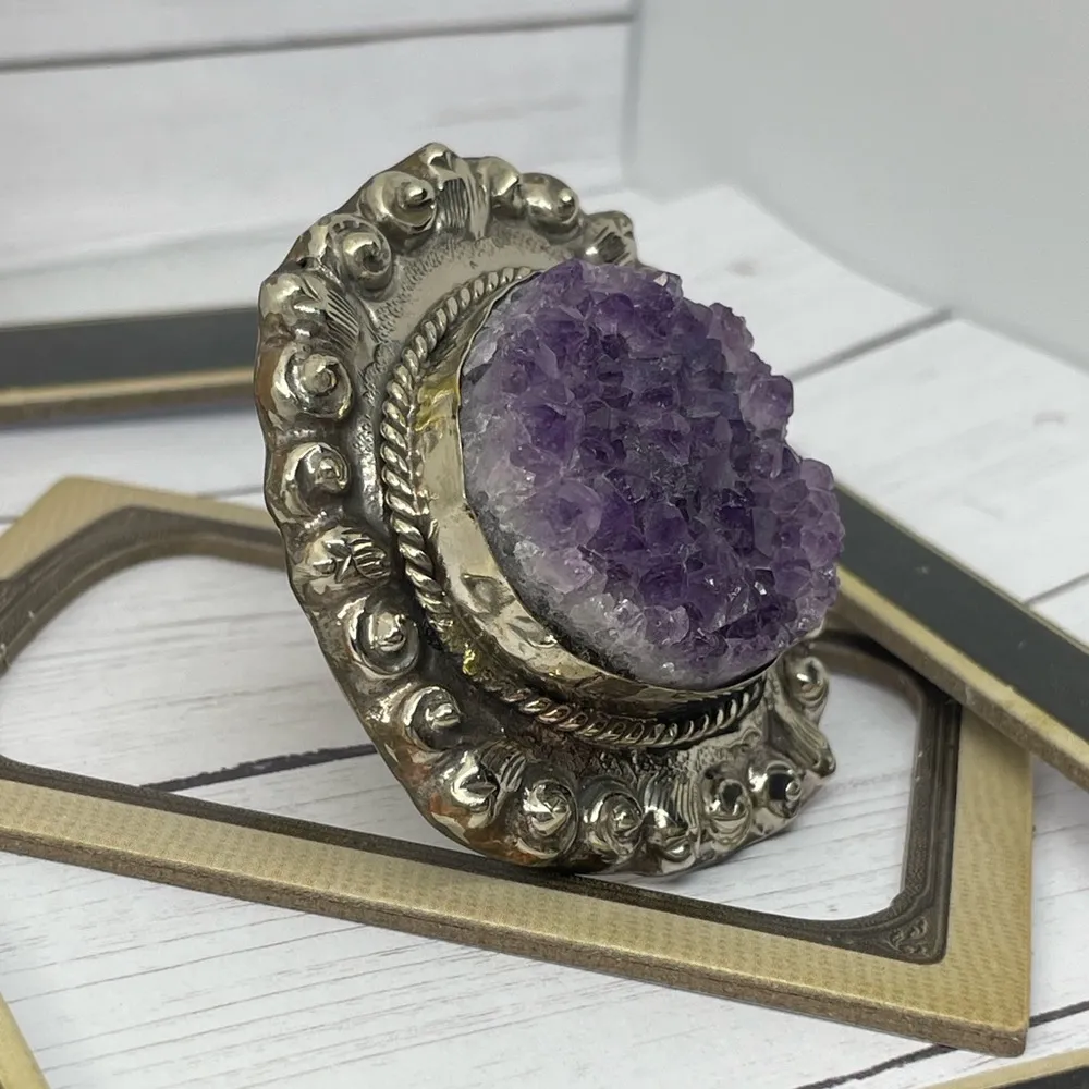 Amethyst  Druzy Adjustable Tibetan Statement Ring 2” Handcarved - Image 2
