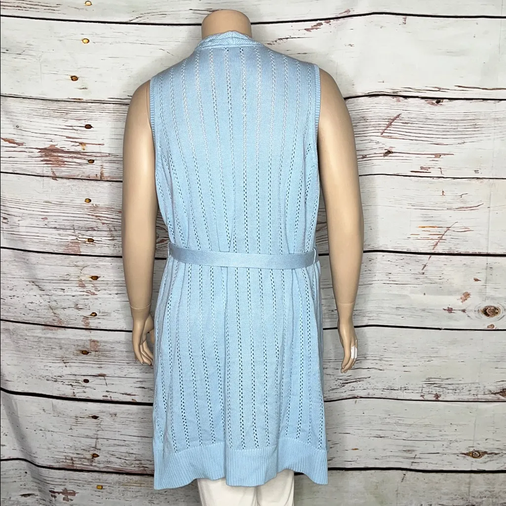Isaac Mizrahi Live! NWT 1X Blue Pointelle Sweater Vest Duster Cardigan w/ Belt - Image 4