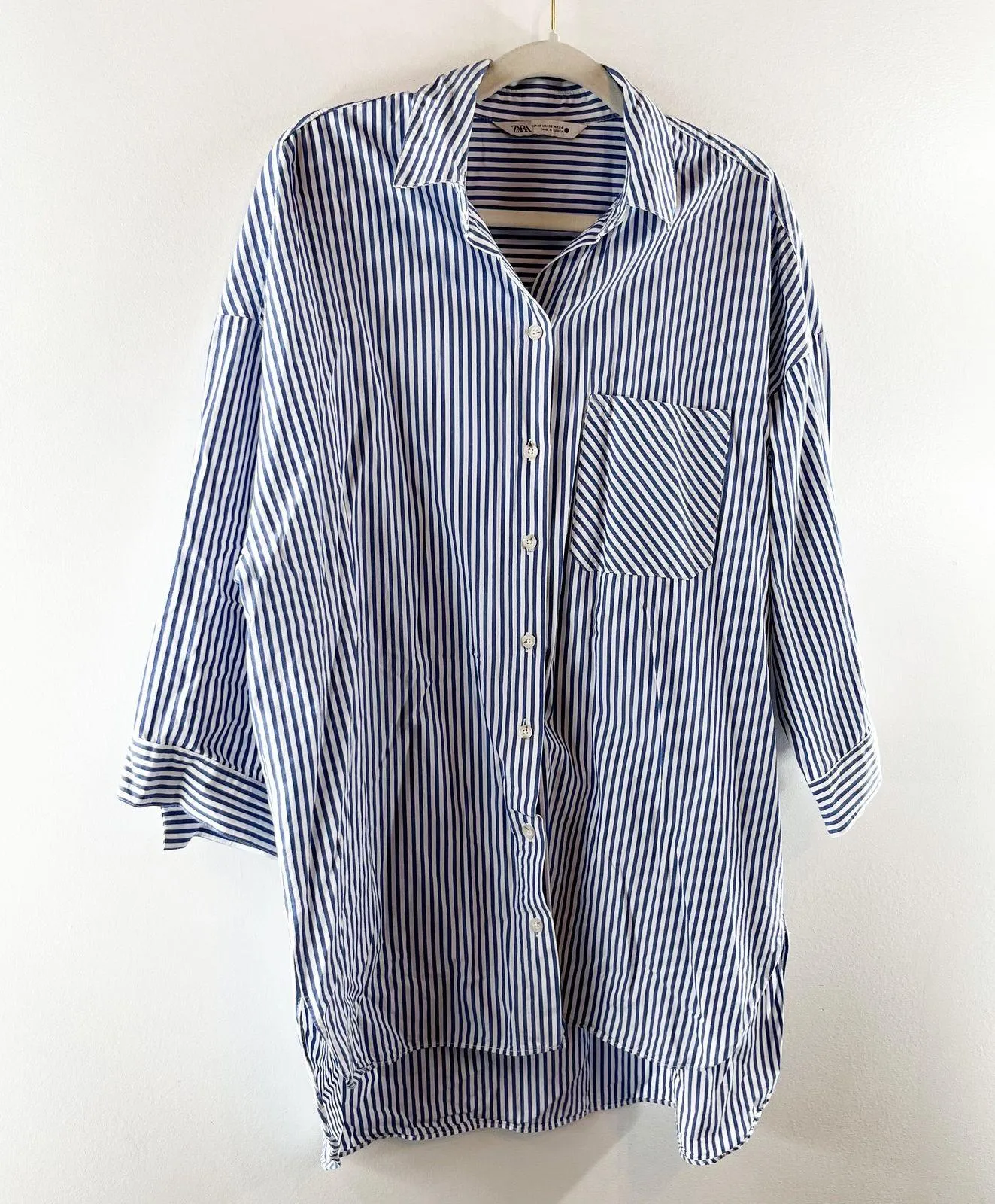 Zara Striped 3/4 Sleeve Oversized Poplin Tunic Button-Up Shirt Blue White XS - Image 4