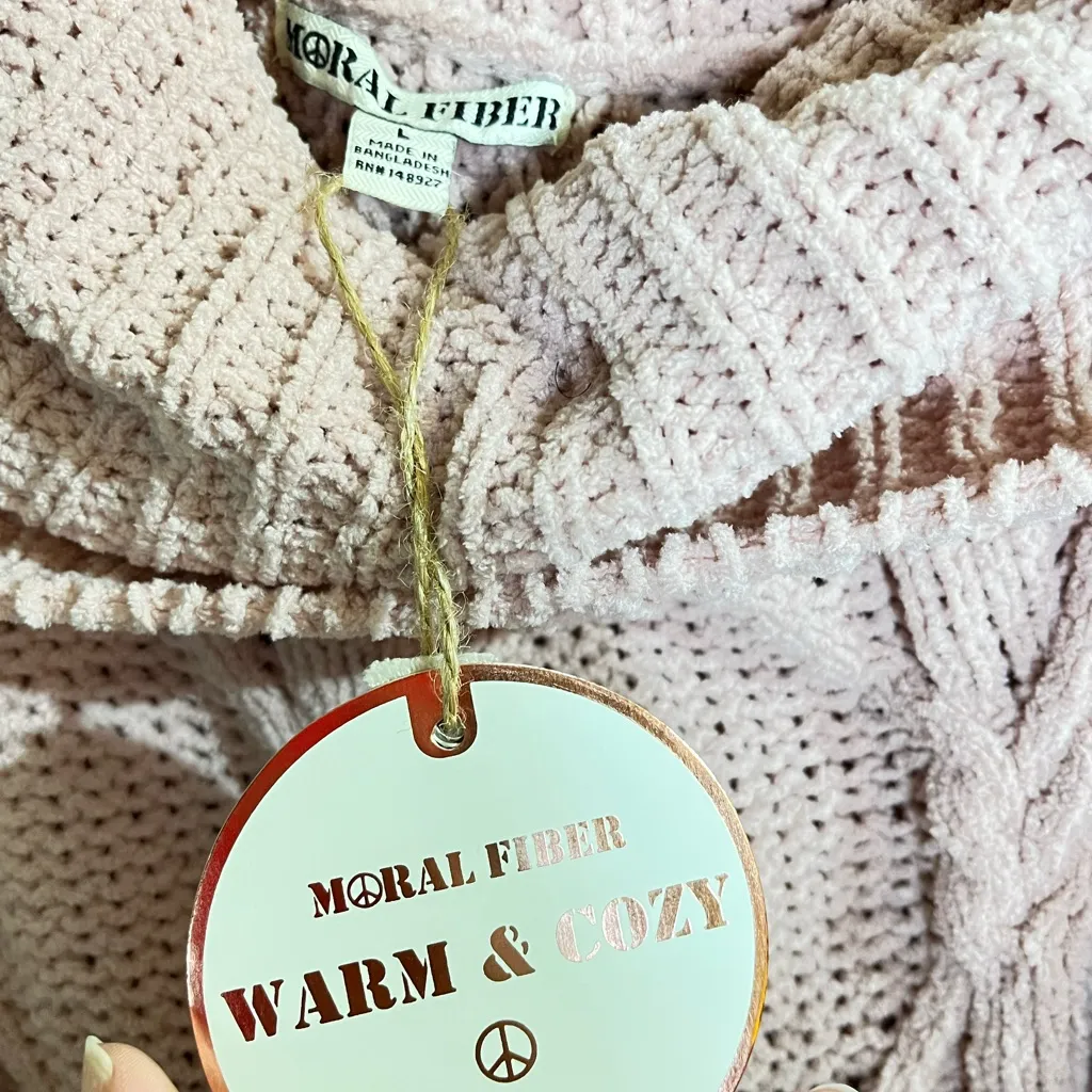 Moral Fiber Pink Off Shoulder Chenille Cable Knit Sweater Dress L NWT Cozy - Image 5