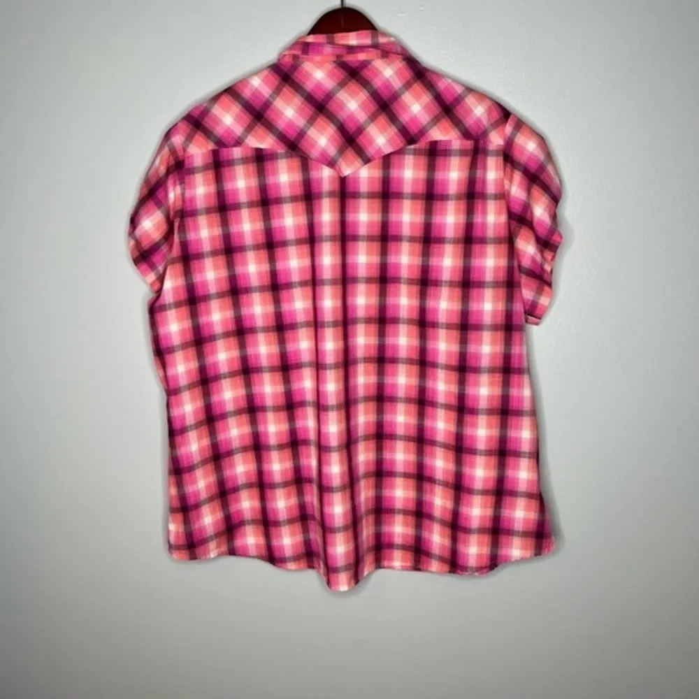 Wrangler Top 3XL Button-Front Western Shirt Pink Orange Plaid Pearl Snap Women's - Image 2