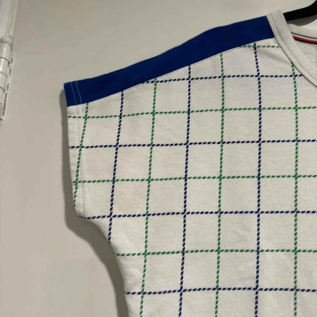 Tommy Hilfiger Sz:M Boxy Green/blue Cropped Cap Sleeve Window Pane Geometric Top - Image 8