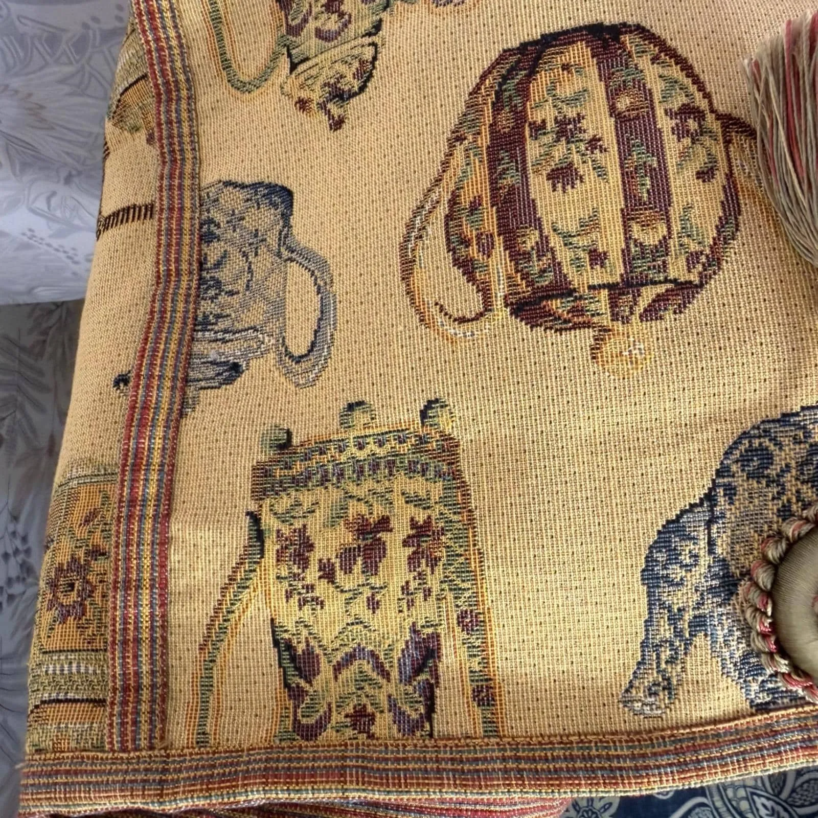 Handmade Vintage Tapestry Tote Bag Teapot Motif Fabric Gold Purse w Tassel - Image 6