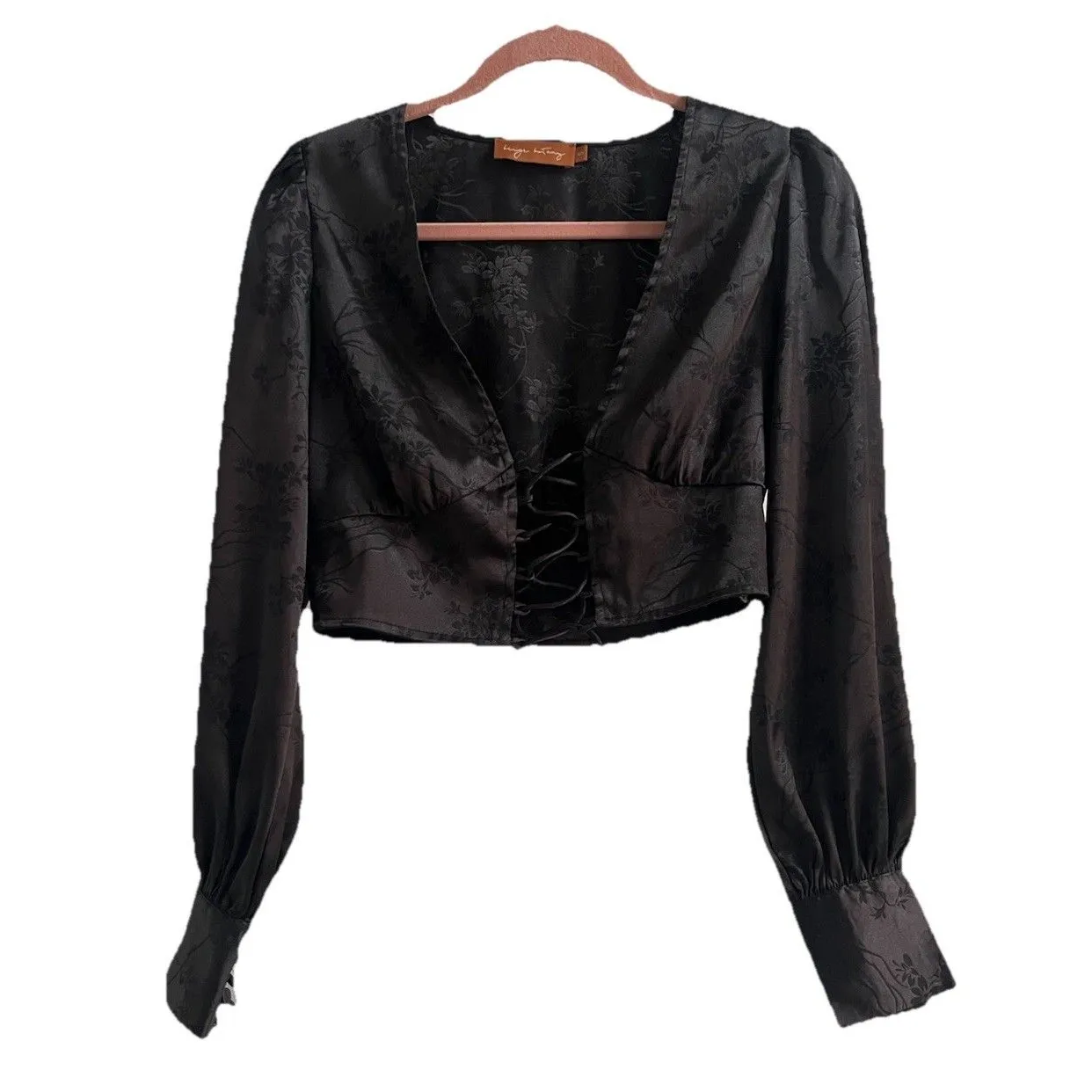 Black Satin Jacquard Blouse Tailored Bell Sleeve Tie Front Nipped Waist Size S - Image 3