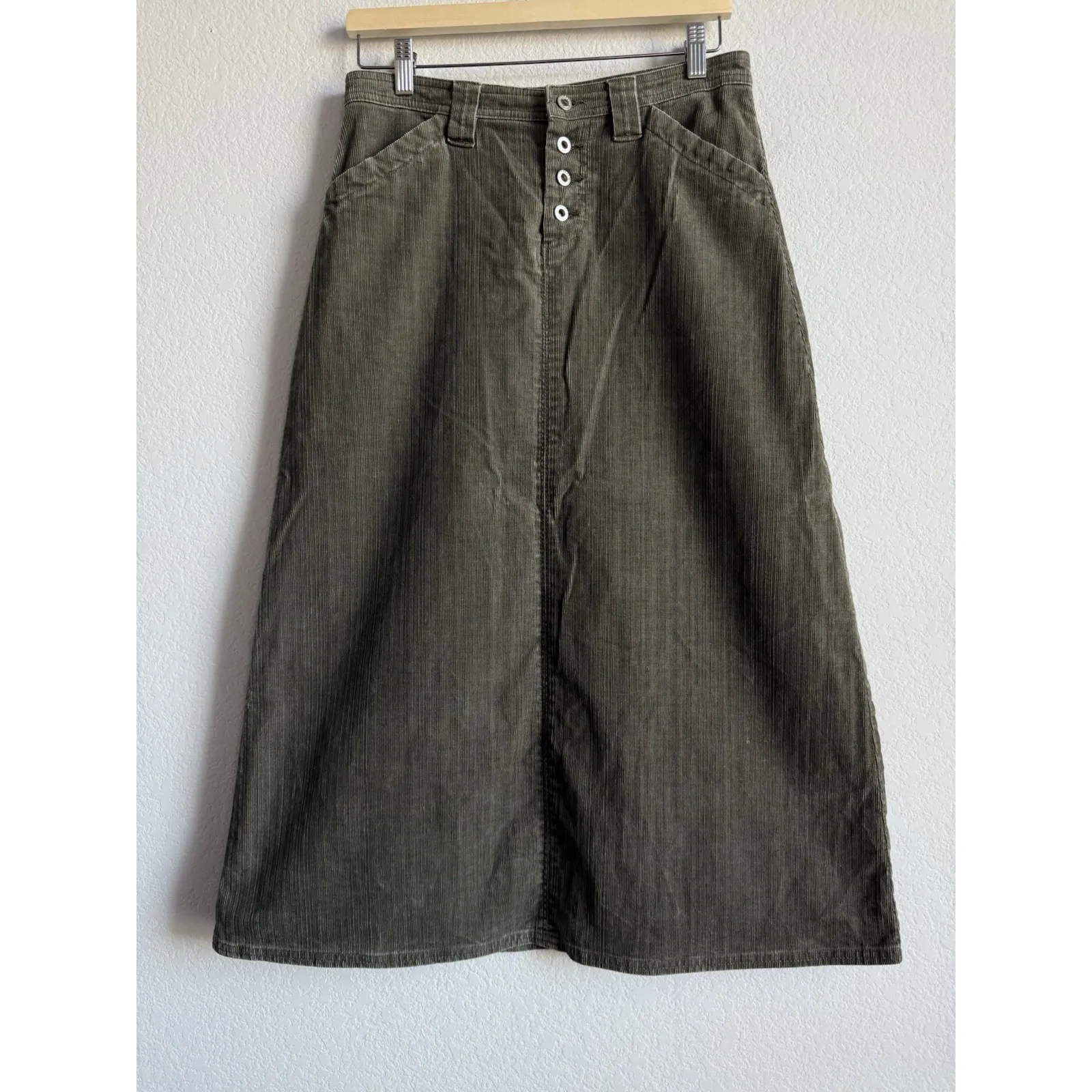 Sundance Olive Corduroy A-Line Expose Button Ling Maxi Skirt Women Size Petite 6 - Image 3