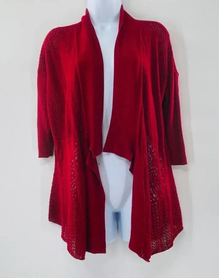 Eileen Fisher Red Open Front Drape Mixed Knit Silk Cardigan Size Small Red - Image 14