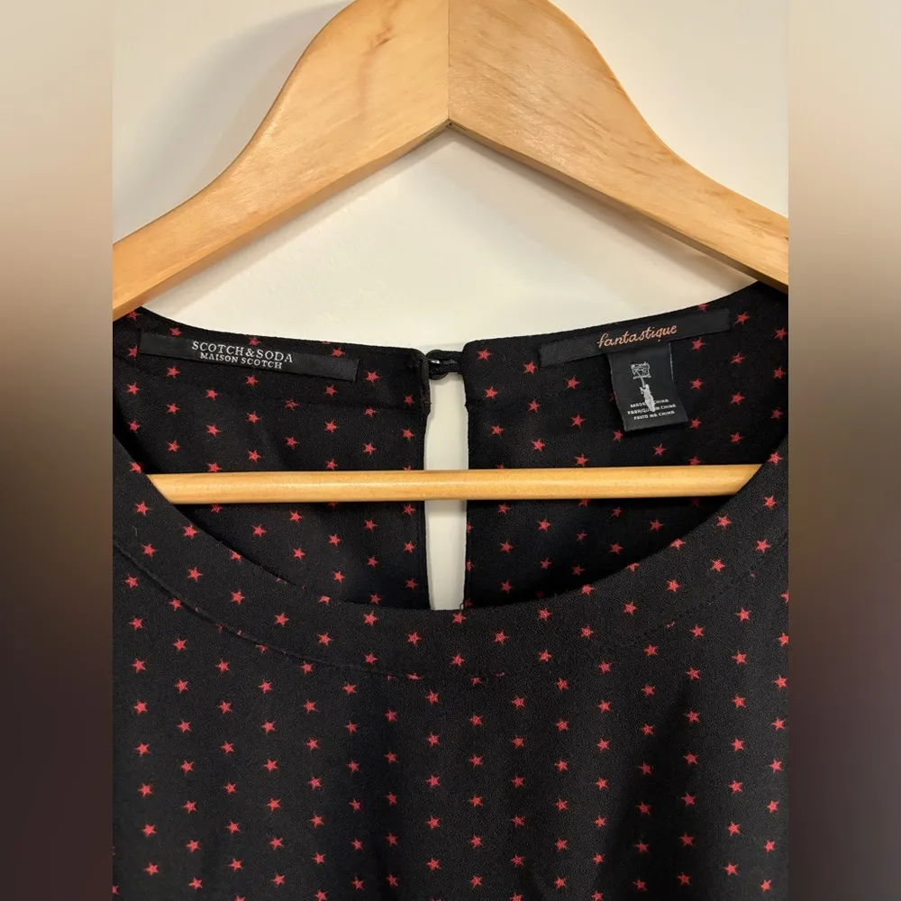 Scotch & Soda Size M Black Red Star Print Long Sleeve Short Tiered Skirt Dress - Image 3