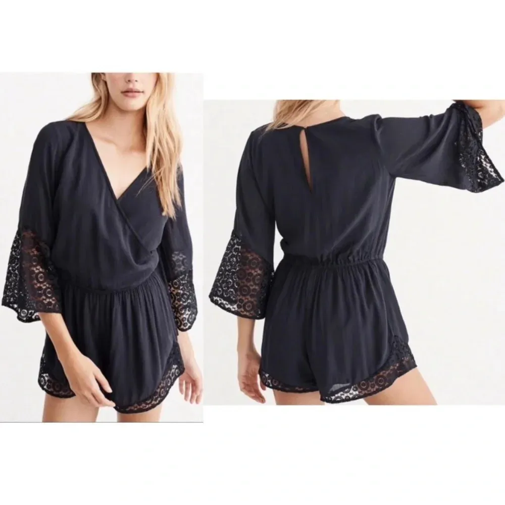 Abercrombie and Fitch Lace Romper Sleeves and Shorts‎ Black Lace Wrap Top Romper - Image 3