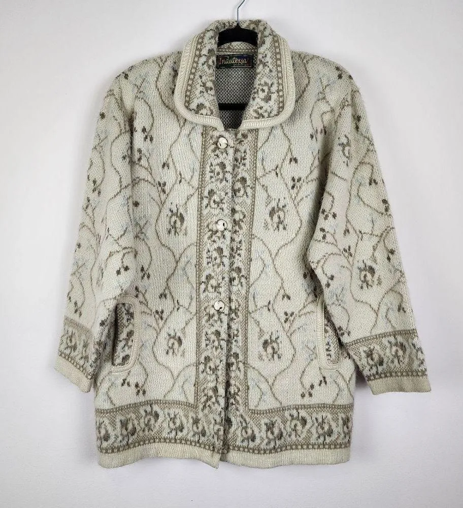 Indutexsa Cardigan Button Front Sweater Padded Shoulders Cream Floral Fits L Brown Size undefined - Image 14