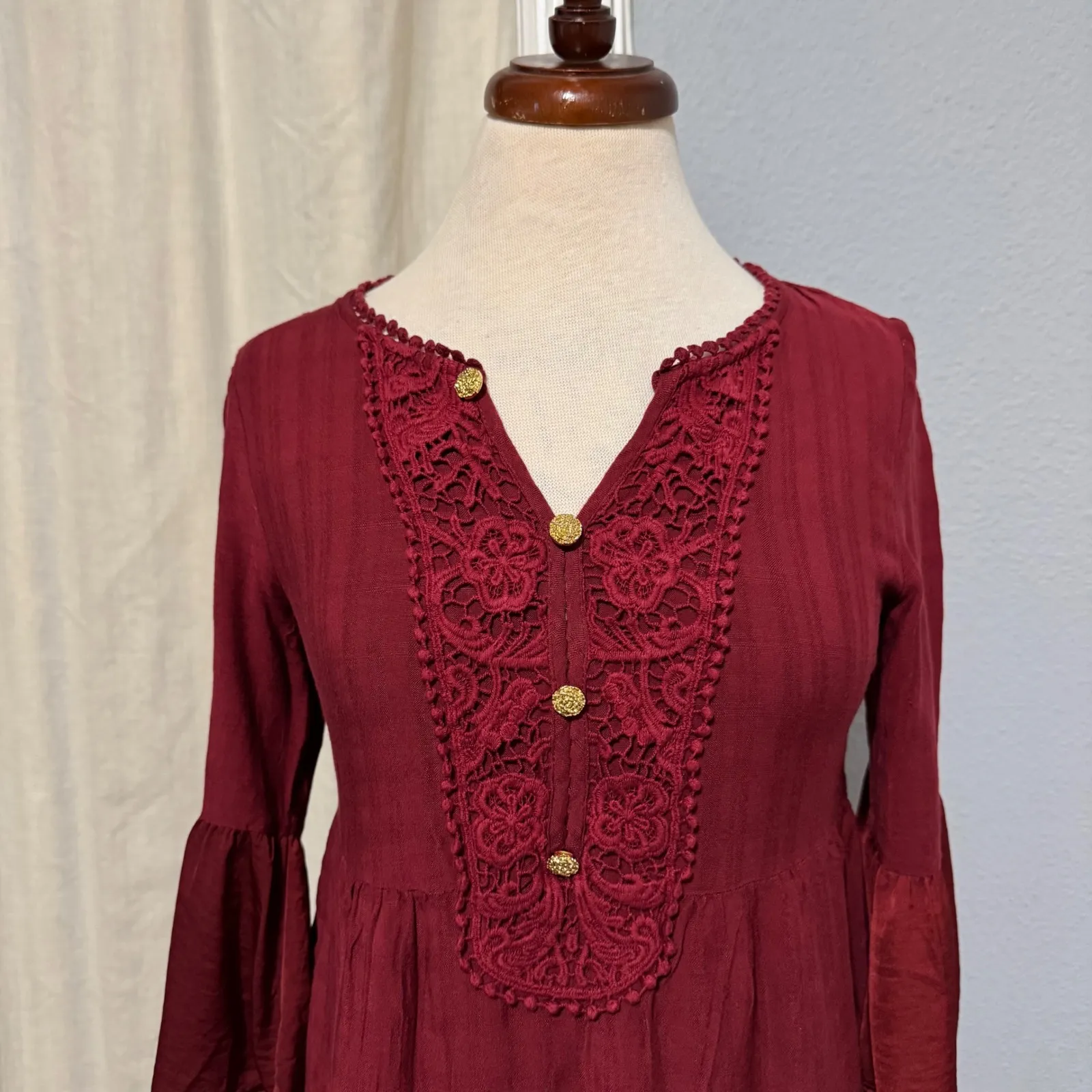 Knox Rose Women Burgundy Lace Front Bell Sleeve Boho Peasant Cottagecore Dress M - Image 2