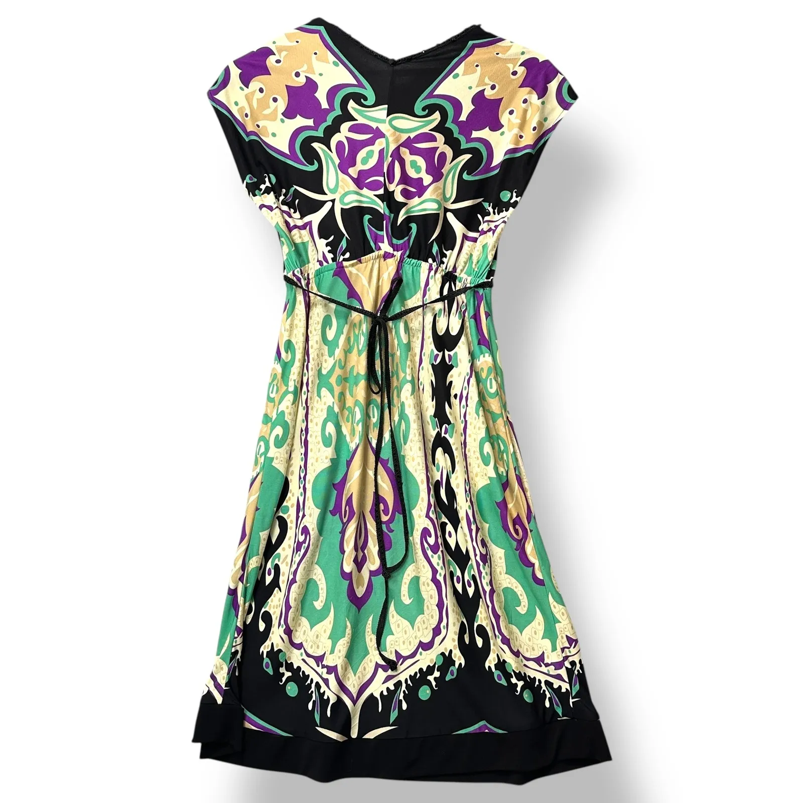 Eci New York Silk Dress Size 4 Green Purple Paisley Beaded Empire Waist‎ Retro - Image 2