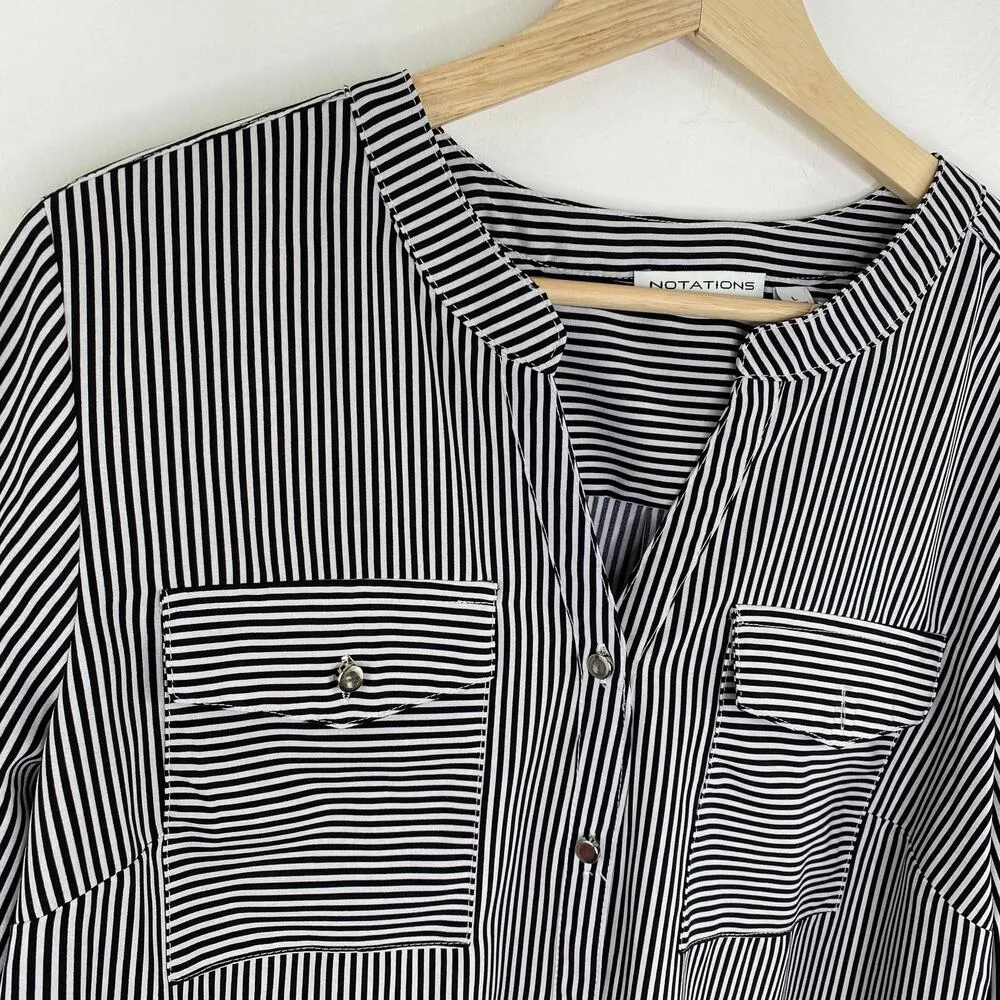 Notations Black White Button Front Split V-Neck Blouse Women's Size Large L - Image 4