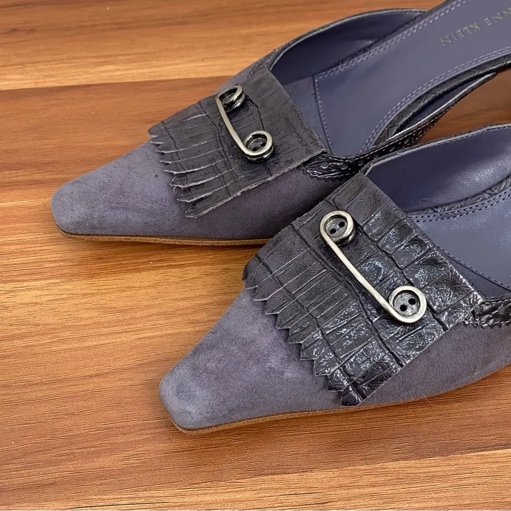 Vintage AK ANNE KLEIN Plum Purple Suede Leather Pointy Kitten Heels Mules 6.5M - Image 11