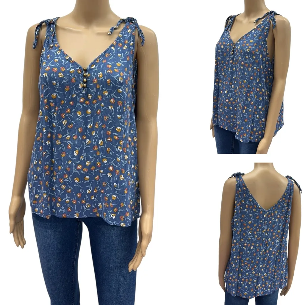 Blue Floral Rayon V Neck Sleeveless Decorative Tie Quarter Button Tank Top XXL - Image 2