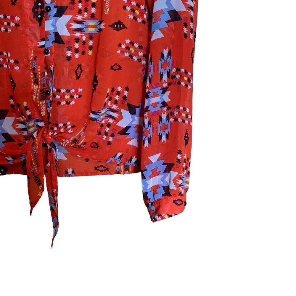 Daytrip Buckle Blouse Size Medium Red Boho Southwestern Print Button Knot Front - Image 4