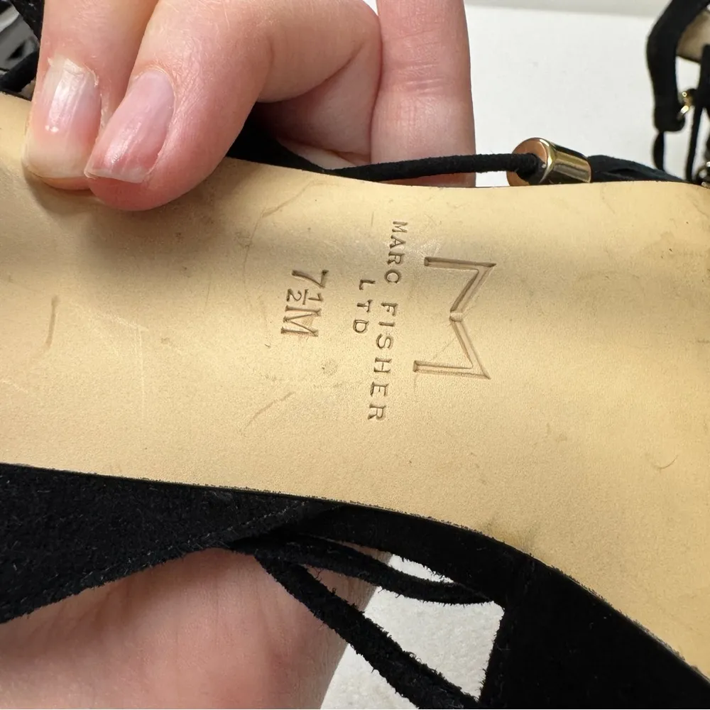 Marc Fisher Black Suede Strappy Lace Up Stiletto Heels Womens 7.5 Mllarsa Fringe - Image 9