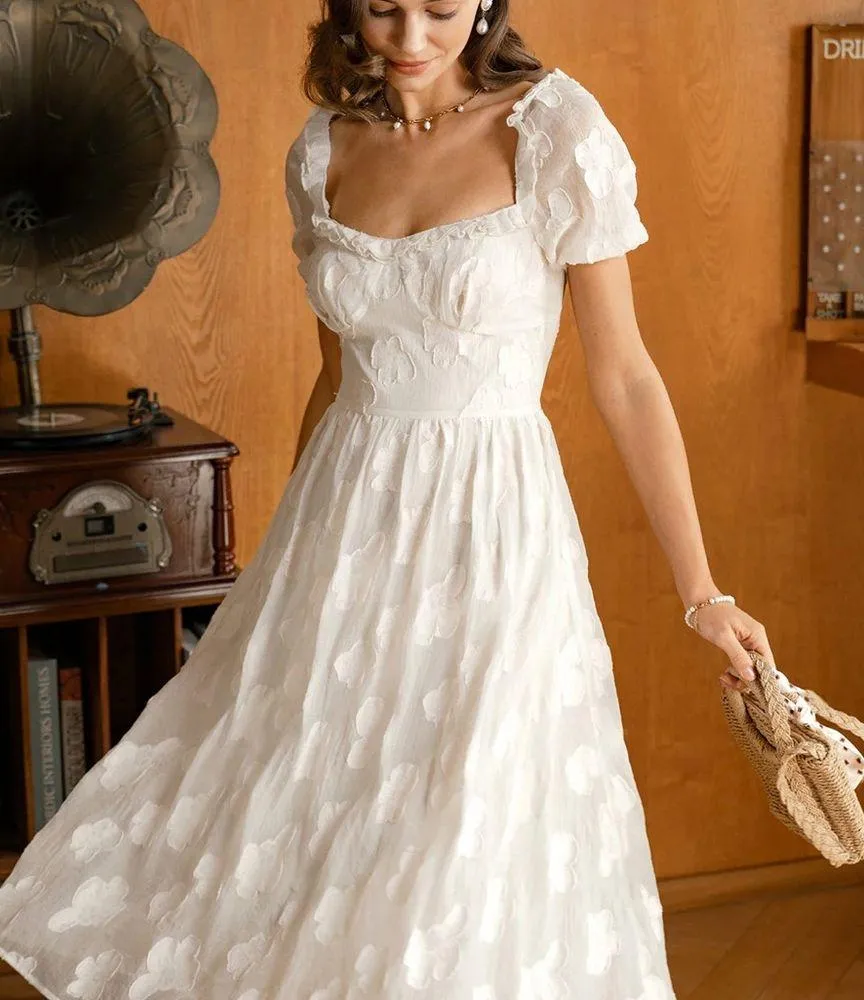 RIHOAS Beige Square Neck Puffed Sleeve Midi Dress M White Size M - Image 2