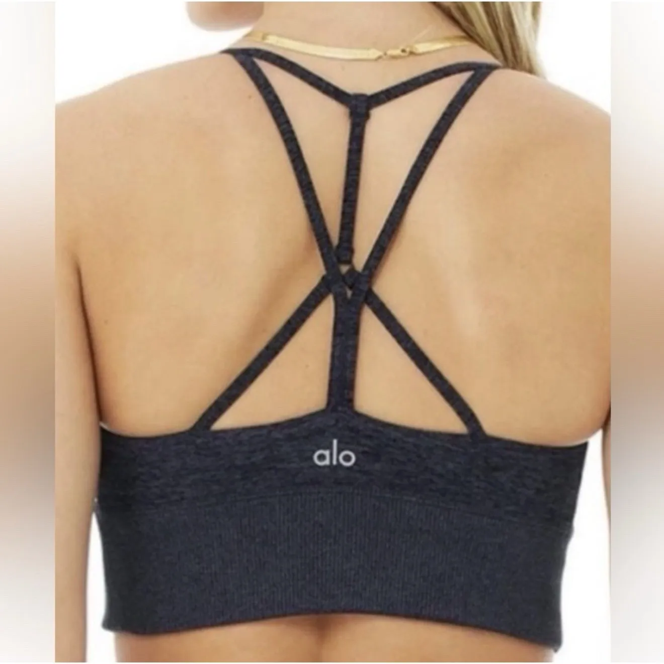 ALO YOGA  ALOSOFT LAVISH Sport Bra Soft Heather Navy Blue Size Large EUC - Image 2