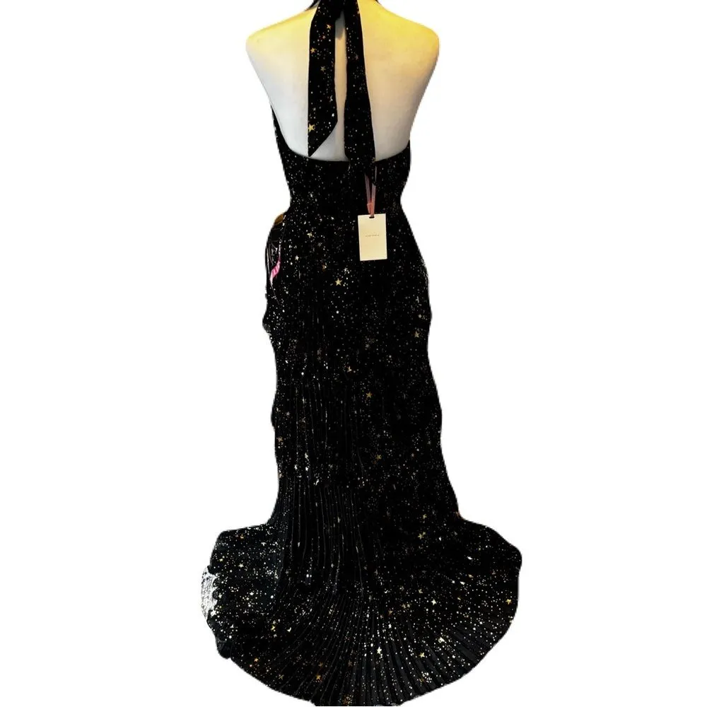 NWT Alex Marie Black and Gold Tiered Pleated Halter Maxi Dress – Size 4 - Image 9