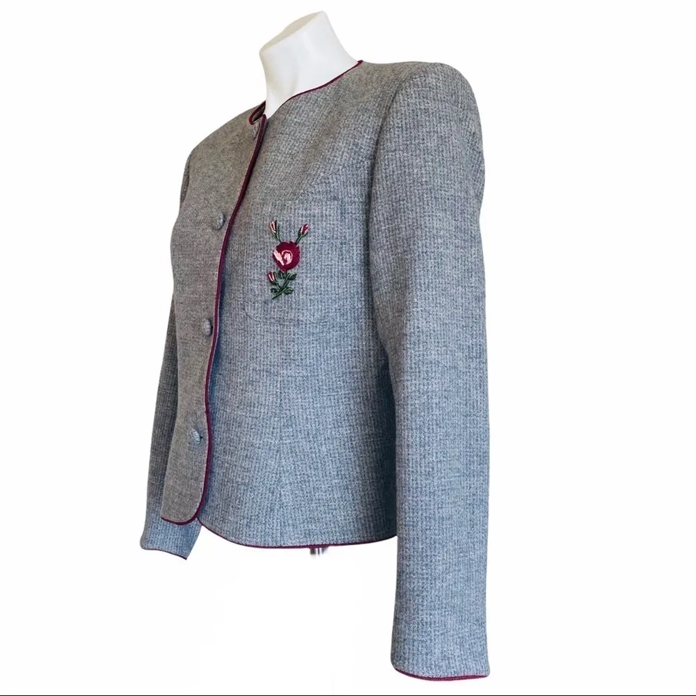 HERMAN GEIST Vintage Button Down Wool Embroidered Flower Blazer Size 10 - Image 2