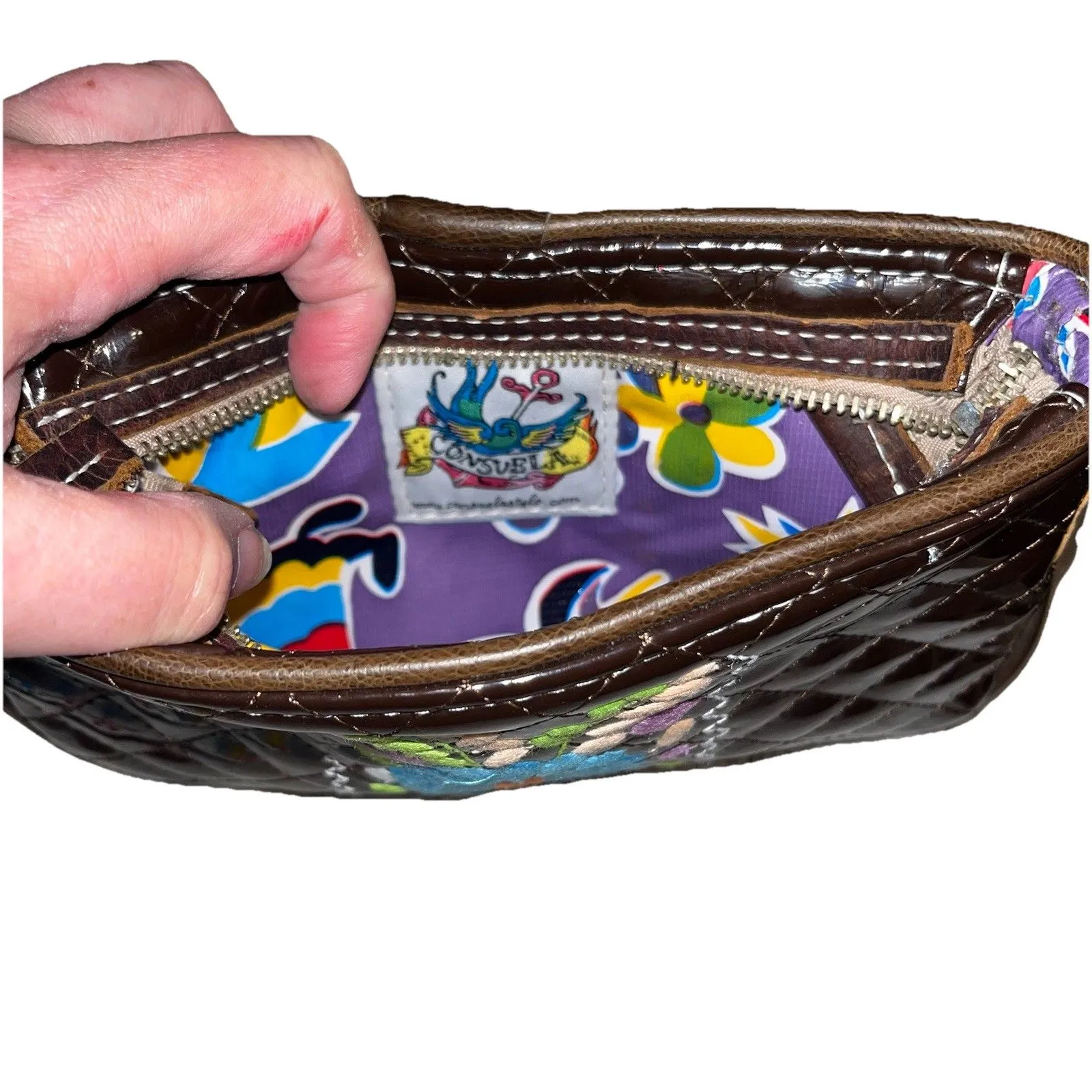 Consuela Quilted Brown Patent w Leather Trim Embroidered Clutch Wristlet NEW - Image 6