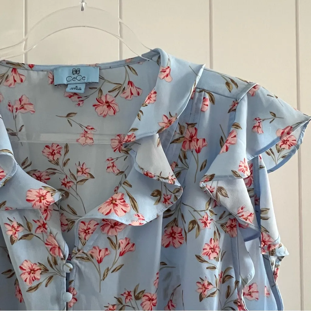 CeCe Light Blue Top with Pink Floral Design - Image 2