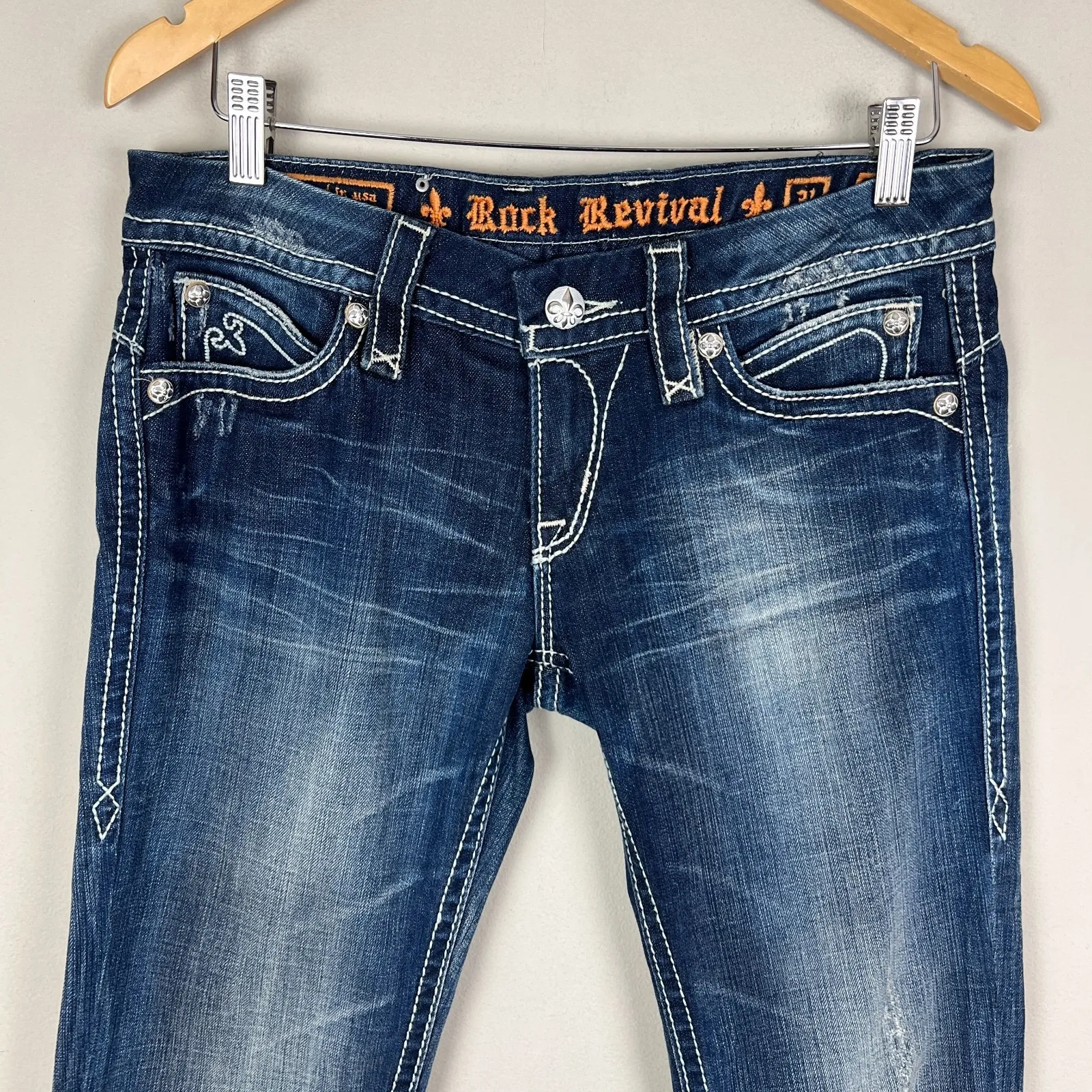 Y2K Rock Revival Sasha Boot Jeans Womens 31 Dark Wash Denim Flap Rhinestones - Image 3