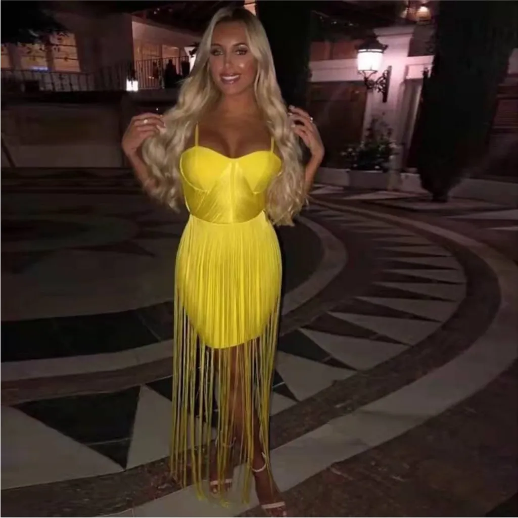 HOUSE OF CB 'Emee' Acid Yellow Satin
Fringe Dress - Image 6