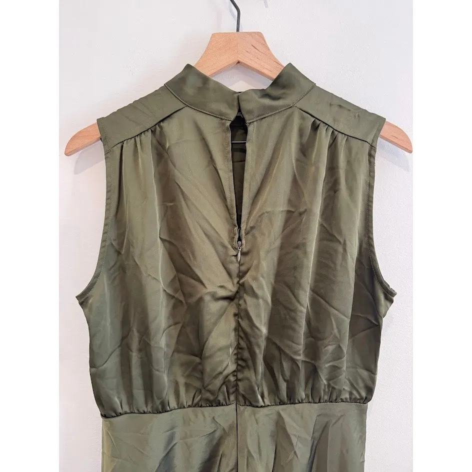 Lulus Olive Green Satin High Neck Sleeveless Maxi Dress With Slits Size L - Image 9