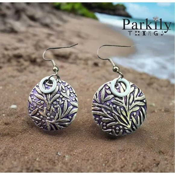 Patina pierced earrings with silver and purple pattern - Image 2
