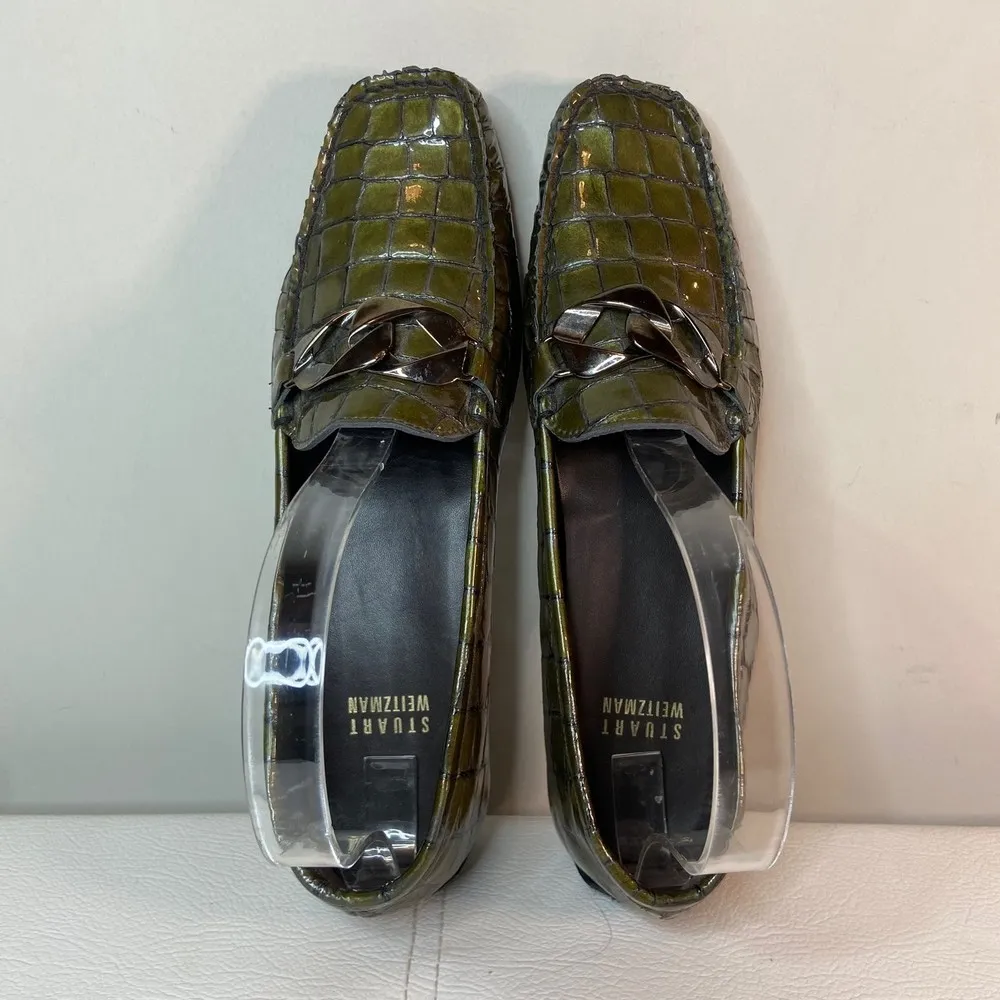 Stuart Weitzman Green Croc Embossed Loafer Driving Shoes Size 7 - Image 8