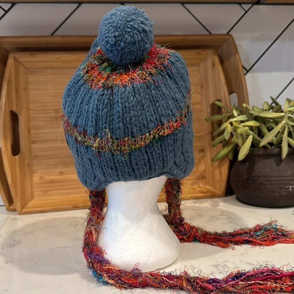 Khumbu Tibetan hand Knitted Wool silk Hat blue winter ski snowboard quirky artsy - Image 6