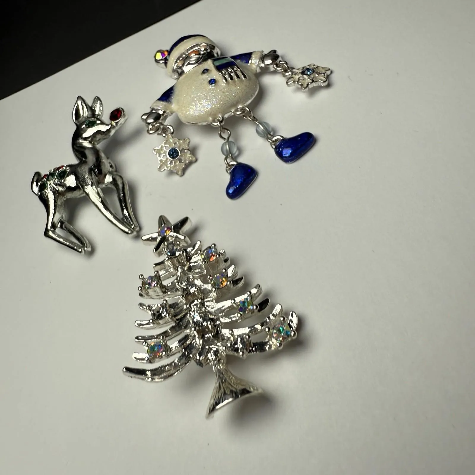 Rhinestone Holiday Lot Of 3 Brooch Pin Reindeer Snowman Christmas Tree - Image 13