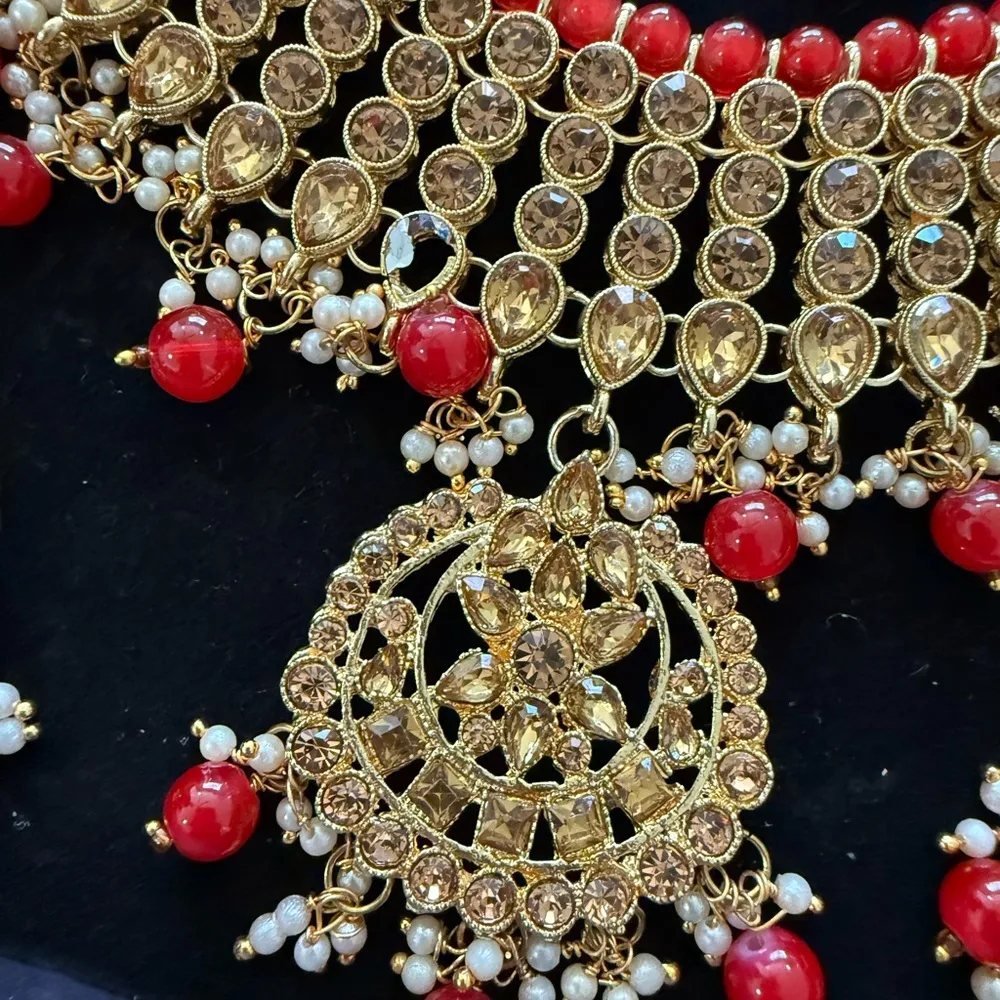 Indian Pakistani complete wedding jewelry set Red - Image 4