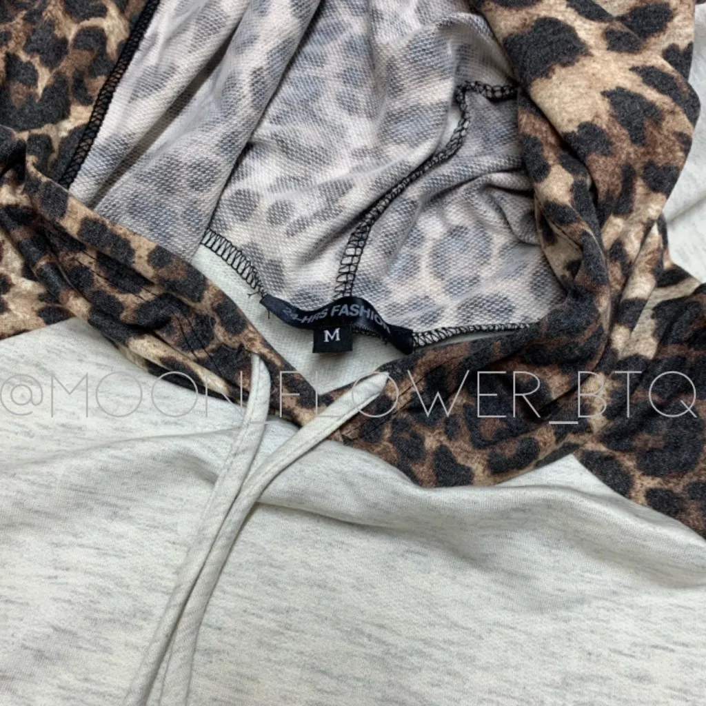 Leopard Print Oatmeal Hoodie Gray Size M - Image 6