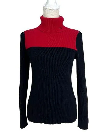 Lauren Ralph Lauren Ribbed Knit Turtleneck Sweater Colorblock Black Red Size L - Image 1